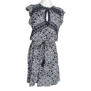 American Eagle Blue White Floral Dress Beach Cover w/Lace Tassel Waist Tie Sz M